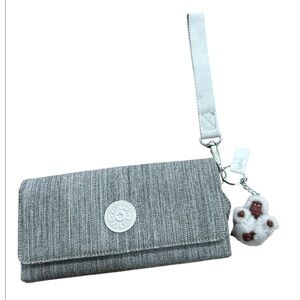 Kipling Rubi Large Wristlet Wallet grey with monkey and removable wristlet strap